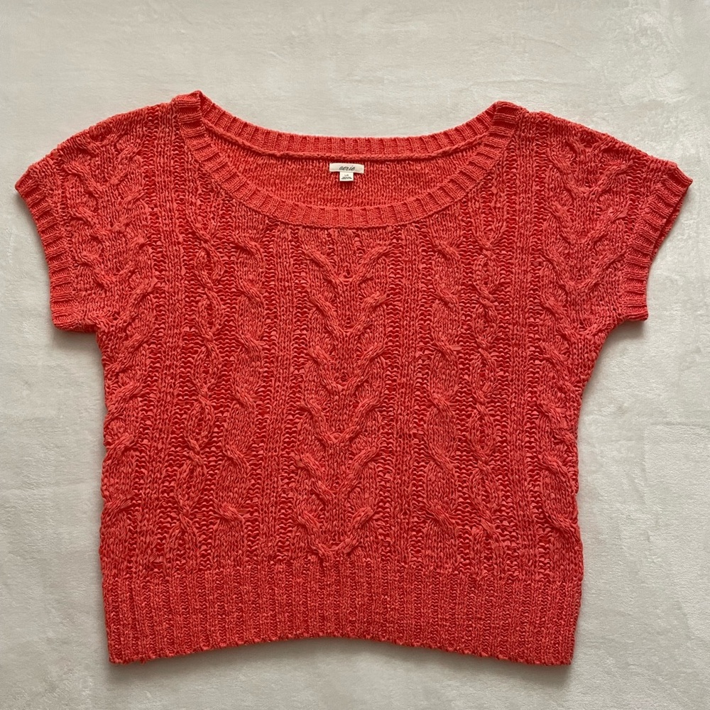 Aerie Pink‎ Coral Cable Knit Short Sleeve Sweater